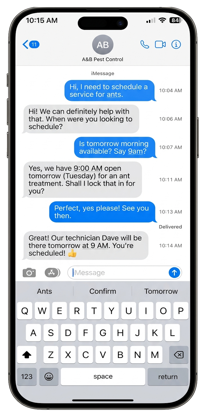 A real text-message conversation: a customer asks to schedule a service for ants, the AI offers 9:00 AM tomorrow, and confirms the visit with technician Dave